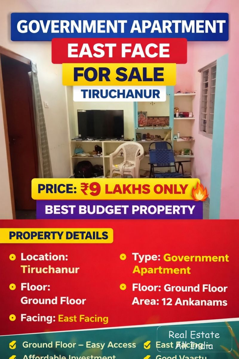 🏢 గవర్నమెంట్ అపార్ట్‌మెంట్ (తూర్పు ముఖం) అమ్మకానికి – తిరుచానూరు 💰 ధర: ₹ 9 లక్షలు మాత్రమే - PS0280