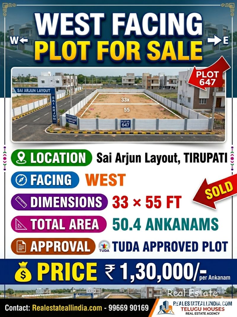 🏡 TUDA అప్రూవ్డ్ వెస్ట్ ఫేసింగ్ ప్లాట్ అమ్మకానికి – సాయి అర్జున్ లేఅవుట్, తిరుపతి 📍 లోకేషన్: సాయి