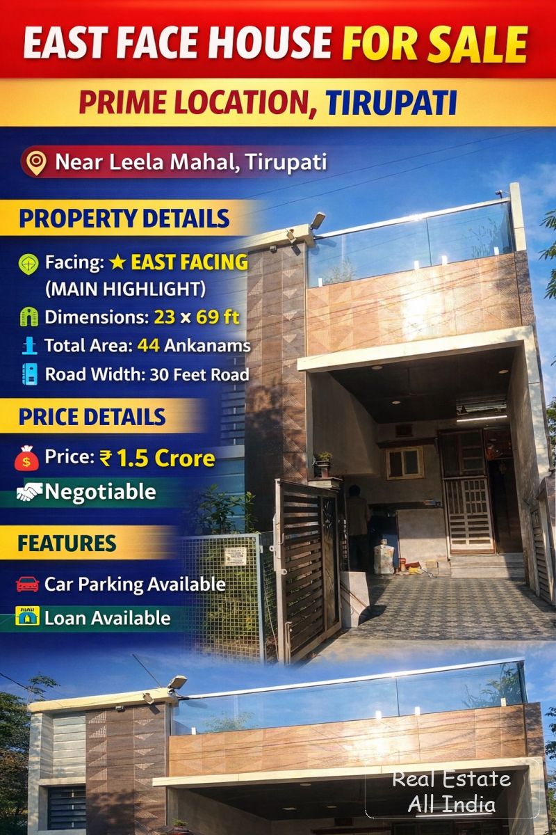 🏡 ఈస్ట్ ఫేసింగ్ ఇల్లు అమ్మకానికి – తిరుపతి 🔥 📍 లోకేషన్: లీల మహల్ దగ్గర, తిరుపతి 📐 ప్రాపర్టీ వివర