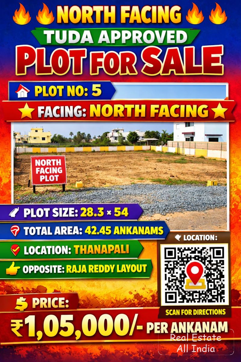 🔥🔥🔥 నార్త్ ఫేసింగ్ TUDA అప్రూవ్డ్ ప్లాట్ అమ్మకానికి 🔥🔥🔥 🏡 ప్లాట్ నం: 5 🧭 ఫేసింగ్: నార్త్ ఫేసింగ్ (ముఖ్య హైలైట్ ⭐) 📐 ప్లాట్ సైజు: 28.3 × 54 📏