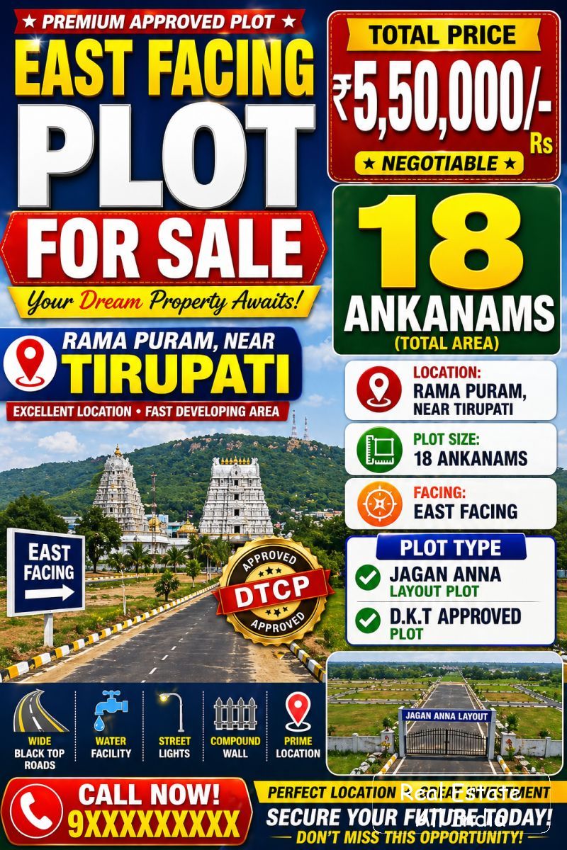 🏡 ఈస్ట్ ఫేసింగ్ ప్లాట్ అమ్మకానికి – రామాపురం, తిరుపతి 🔥 ముఖ్య ఆకర్షణ: 💥 18 అంకణాలు 💰 మొత్తం ధర: ₹ 5,50,000/- మాత్రమే 📍 లోకేషన్: రామాపురం, తిరుపతి
