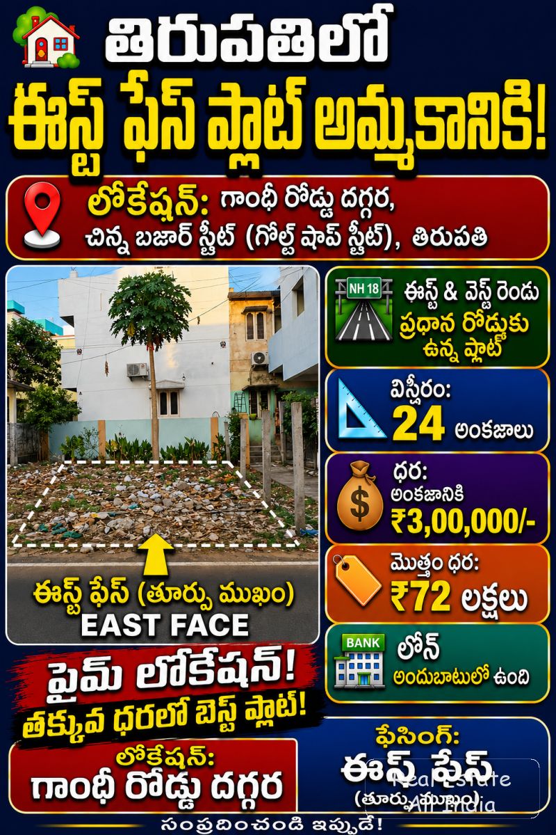 🏡 PLOT FOR SALE IN TIRUPATI 🔥 📍 Location: Gandhi Road Near, Chinna Bazar Street (Gold Shops Street) 🛣️ East & West Both Side Roads Plot 📐 Area: 2 - PS0443