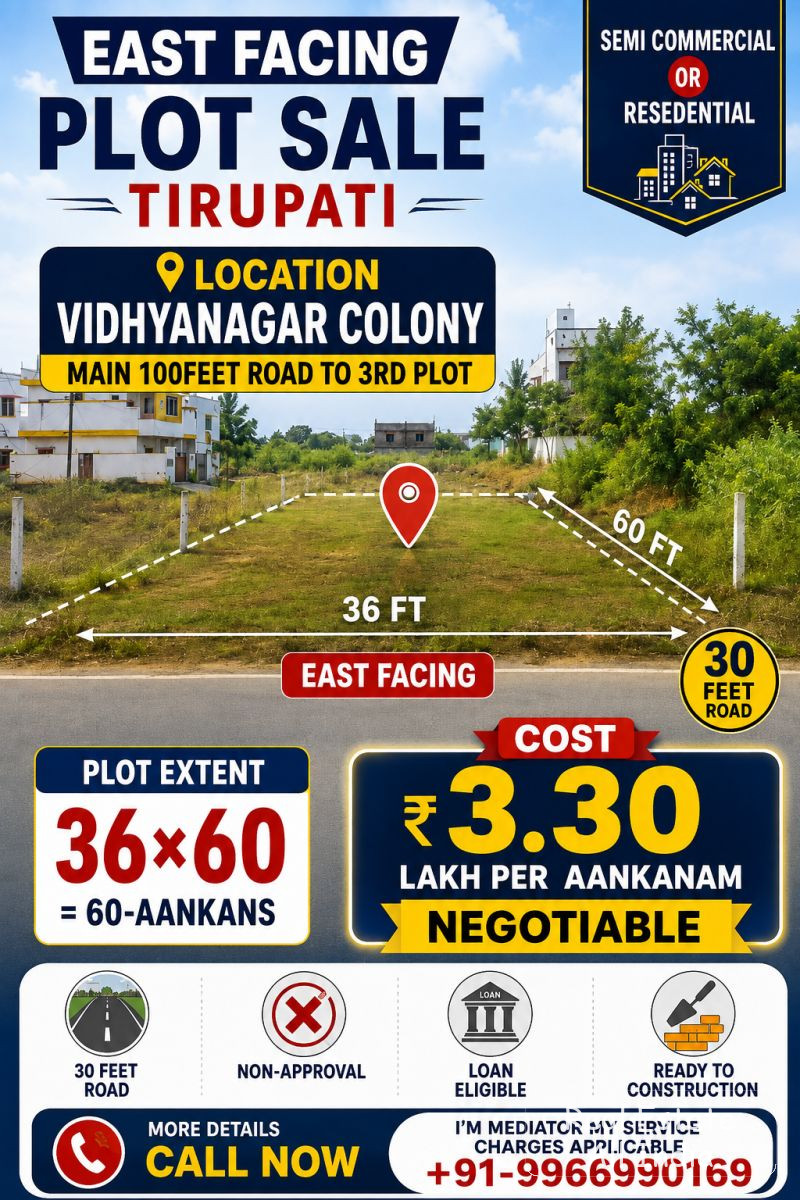 🏡 అమ్మకానికి ఈస్ట్ ఫేసింగ్ ప్లాట్ – తిరుపతి 📍 స్థలం: విద్యానగర్ కాలనీ, మెయిన్ 100 అడుగుల రోడ్ నుంచి 3వ ప్లాట్ 🧭 ముఖదిశ: తూర్పు ముఖంగా 📐 ప్లాట్ కొల - PS0486