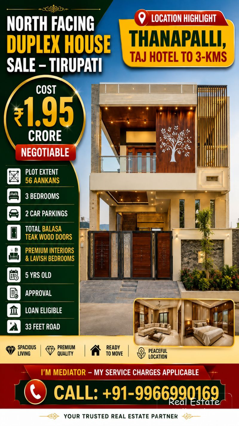 🏡 అమ్మకానికి నార్త్ ఫేసింగ్ డూప్లెక్స్ హౌస్ – తిరుపతి 📍 స్థలం: తనపల్లి, తాజ్ హోటల్ నుండి 3 కి.మీ. దూరంలో 🧭 ముఖదిశ: ఉత్తరం ముఖంగా 💰 ధర: ₹1.95 కోట్ల - PS0489