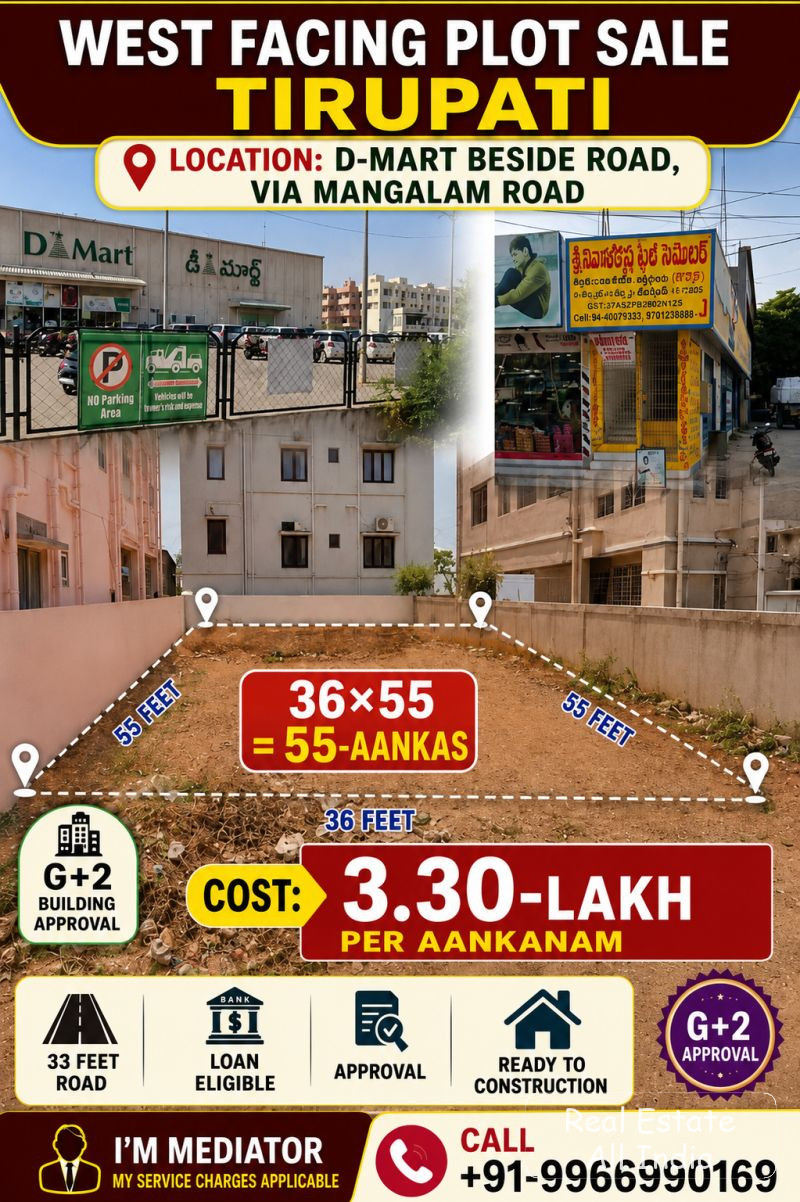 🏡 అమ్మకానికి ప్లాట్ – తిరుపతి 📍 స్థలం: డీ-మార్ట్ పక్కన రోడ్, మంగళం రోడ్ ద్వారా, తిరుపతి 🧭 ముఖదిశ: పడమర ముఖంగా 📐 ప్లాట్ కొలతలు: 36 × 55 అడుగులు 📏 - PS0490