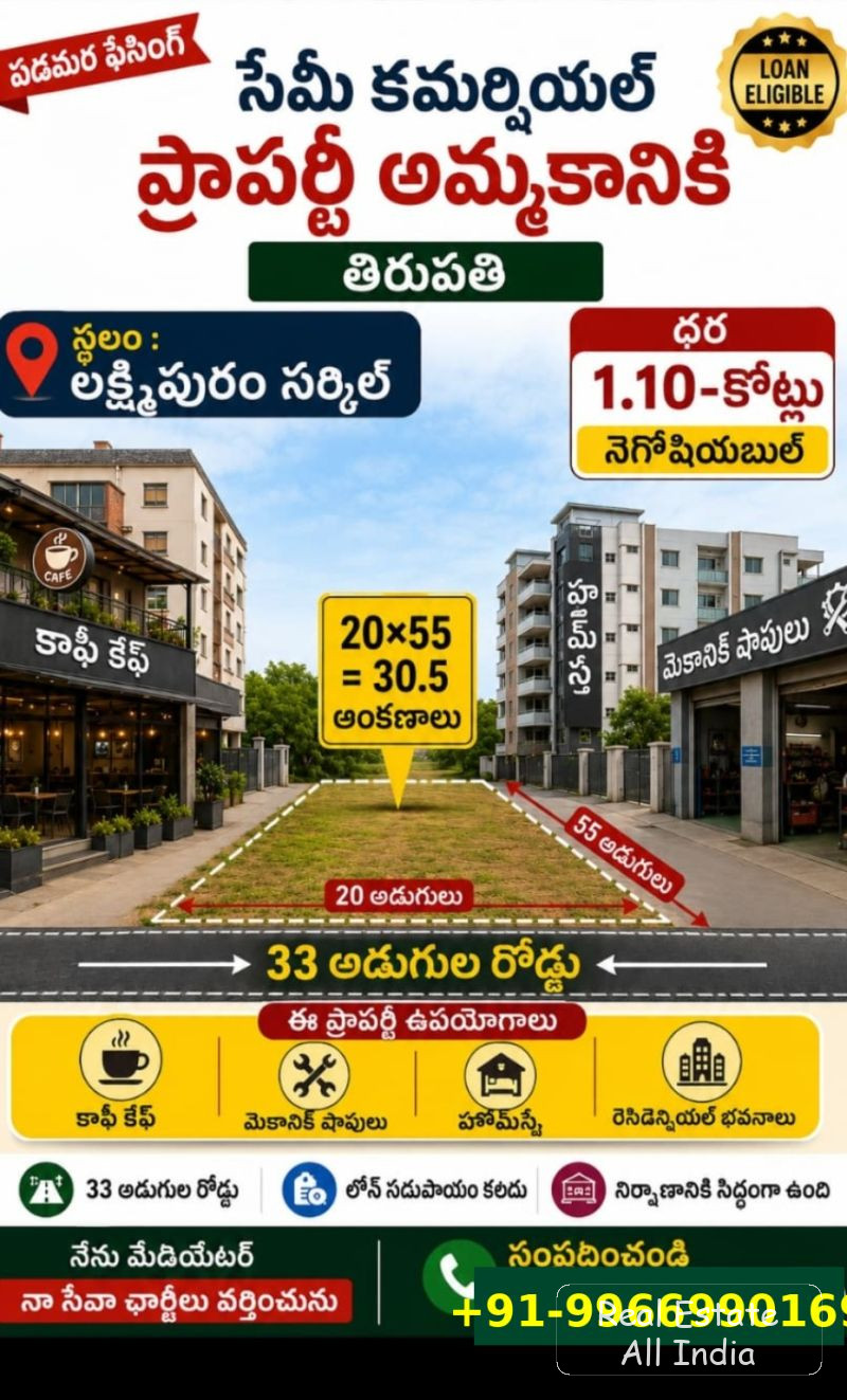 🏢 కమర్షియల్ ప్లాట్ అమ్మకానికి – తిరుపతి 📍 స్థలం: లక్ష్మీపురం సర్కిల్, తిరుపతి 📐 ప్లాట్ కొలతలు: 20 × 55 అడుగులు 📏 మొత్తం విస్తీర్ణం: 30.5 అంకణాలు - PS0491