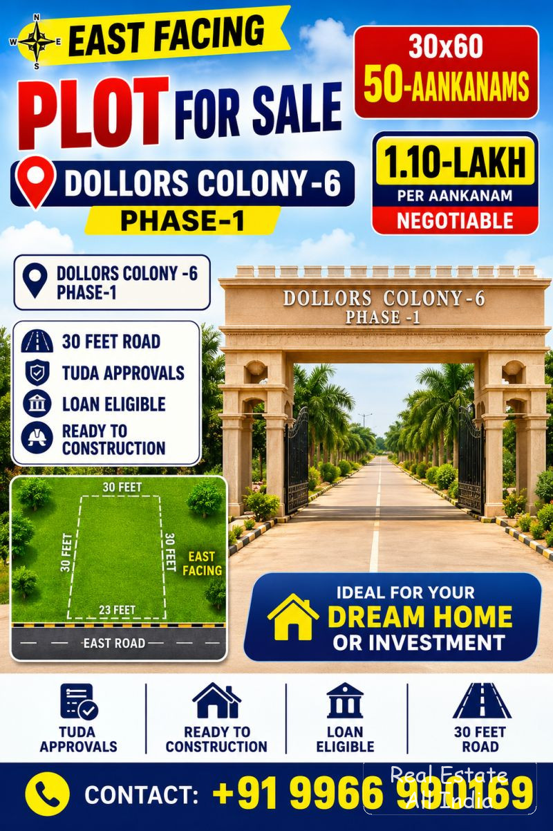 🏡 అమ్మకానికి ప్లాట్ – డాలర్స్ కాలనీ-6, ఫేజ్-1 📍 స్థలం: డాలర్స్ కాలనీ-6, ఫేజ్-1 🧭 ముఖదిశ: తూర్పు ముఖంగా 📐 ప్లాట్ కొలతలు: 30 × 60 అడుగులు 📏 మొత్తం
