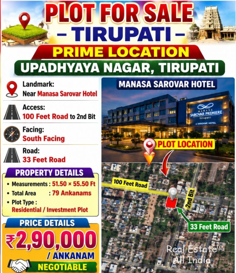 🏡 ప్లాట్ అమ్మకానికి – తిరుపతి  📍 ప్రైమ్ లొకేషన్: ఉపాధ్యాయ నగర్, తిరుపతి 📍 ల్యాండ్‌మార్క్: మనస సరోవర్ హోటల్ సమీపంలో 🛣️ యాక్సెస్: 100 ఫీట్ రోడ్ నుంచ