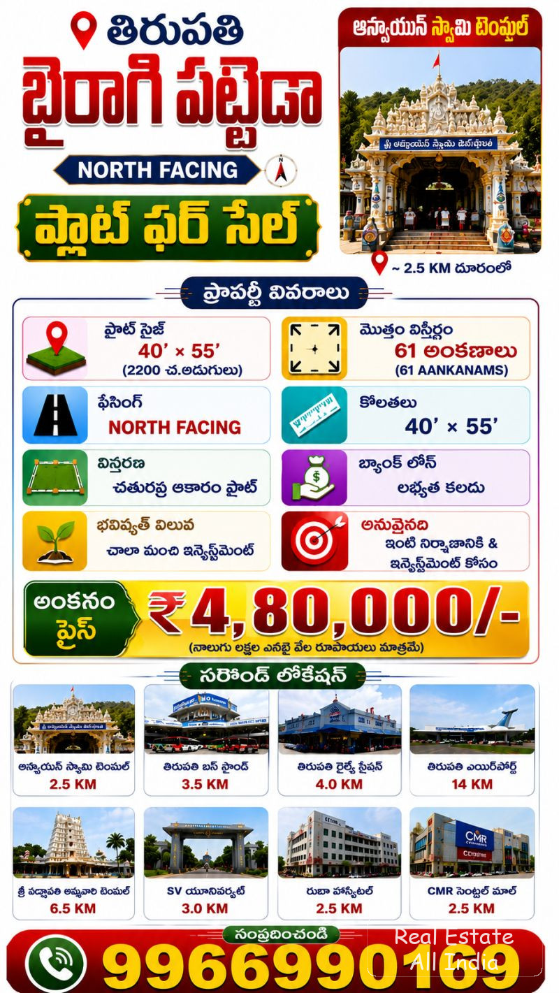 🏡 తిరుపతి – బైరాగి పట్టెడా ✨ NORTH FACING PLOT FOR SALE ✨  📐 ప్లాట్ సైజ్: 40 × 55 = 2200 Sq.ft 📏 మొత్తం విస్తీర్ణం: 61 అంకణాలు 🧭 ఫేసింగ్: North Fa
