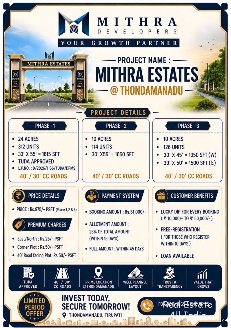 🏡 TUDA ఆమోదం పొందిన ప్లాట్లు అమ్మకానికి – తొండమనాడు 🏗️ ప్రాజెక్ట్: మిత్ర ఎస్టేట్ ఫ ☎️  93911 90507 - PS0270