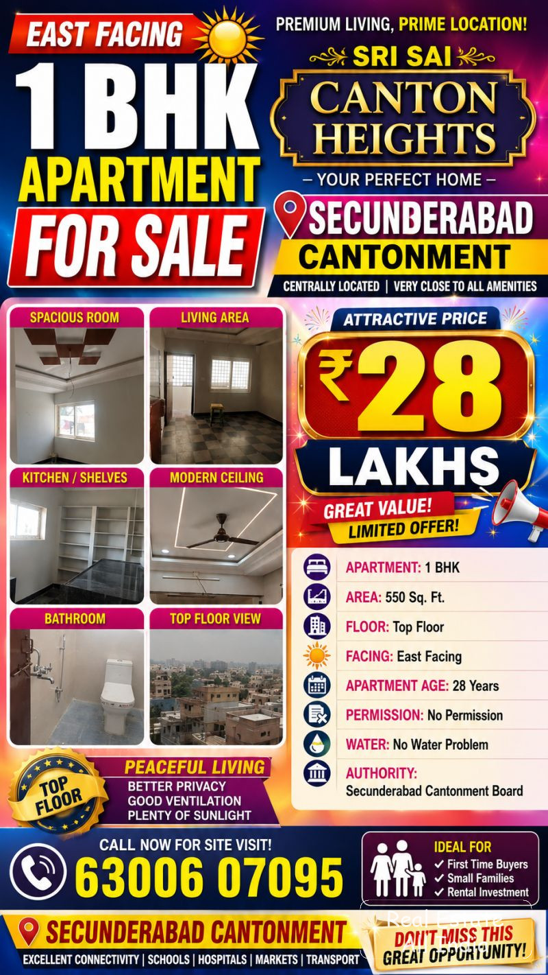 🏢 1 BHK ఫ్లాట్ ఫర్ సేల్ – సికింద్రాబాద్ కంటోన్మెంట్ 📍 లొకేషన్: సికింద్రాబాద్ కంటోన్మెంట్ 🛏️ ఫ్లాట్: 1 BHK 📐 విస్తీర్ణం: 550 Sq. Ft. 🏢 ఫ్లోర్: టాప - PS0503