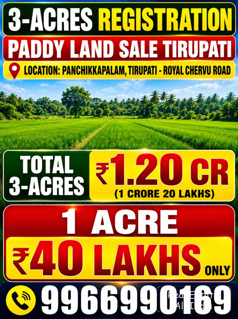 🌾 3 ఎకరాల రిజిస్ట్రేషన్ పాడి భూమి అమ్మకానికి – తిరుపతి 📍 ⭐ లొకేషన్: Pachikapalam, Tirupati – Rayala Cheruvu Road 📍 Pachikapalam: 2 KM 🏙️ Tirupati:
