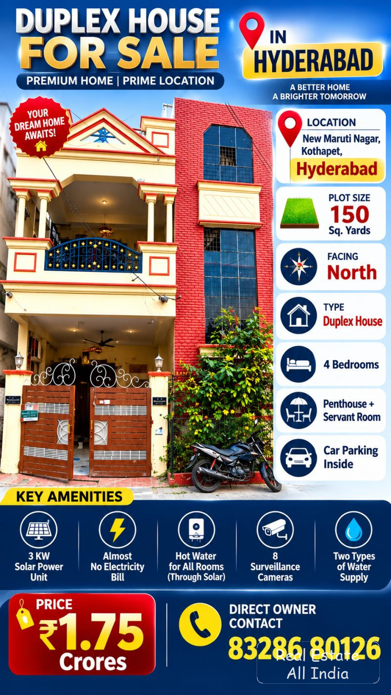 🏡 DUPLEX HOUSE FOR SALE 🏡  📍 ప్రదేశం: న్యూ మారుతి నగర్, కొత్తపేట, హైదరాబాద్  🏠 ప్రాపర్టీ వివరాలు  📐 స్థల విస్తీర్ణం: 150 చదరపు గజాలు 🧭 ఫేసింగ్: