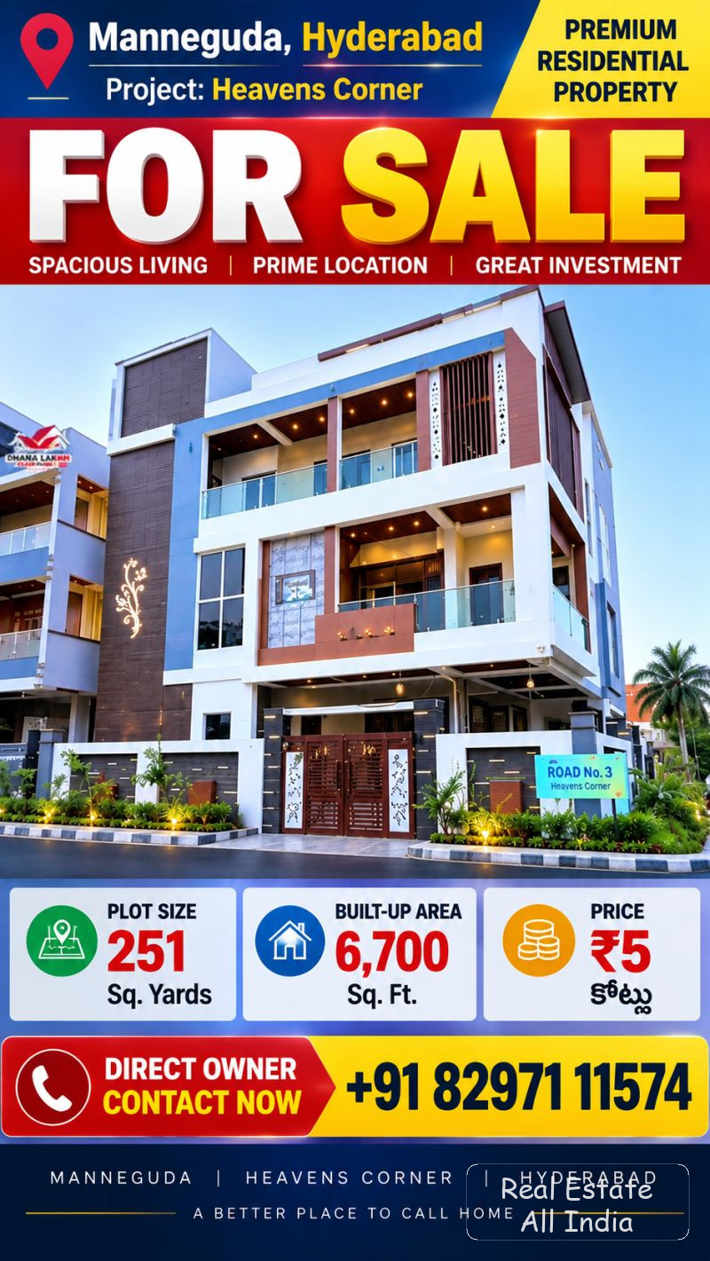 🏡 PRIME PROPERTY FOR SALE – HYDERABAD 🏡  📍 లొకేషన్: మన్నెగూడ, హైదరాబాద్ 📌 ప్రాజెక్ట్: Heavens Corner  📐 స్థలం: 251 Sq. Yards 🏠 బిల్ట్-అప్ ఏరియా: - PS0518
