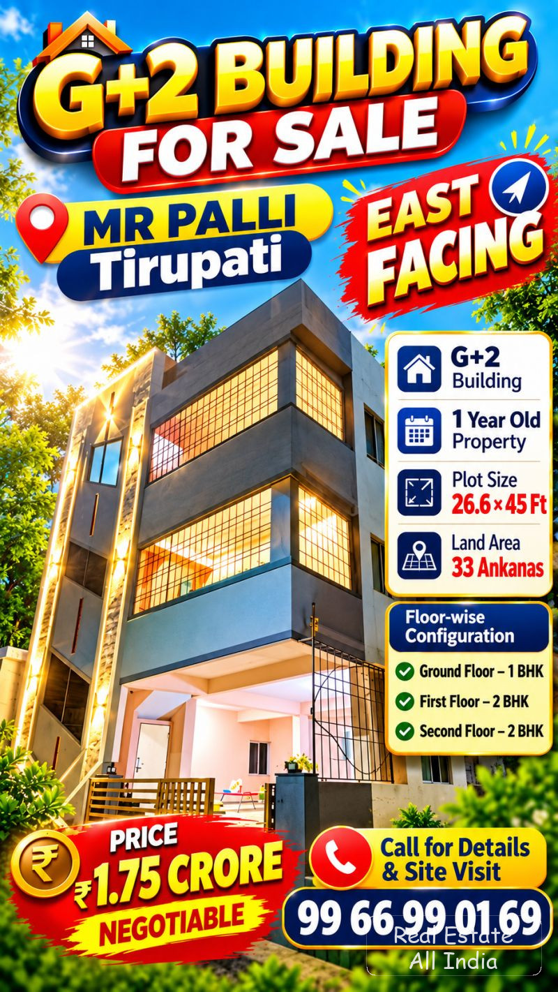 🏠 G+2 బిల్డింగ్ అమ్మకానికి 📍 లోకేషన్: ఎం.ఆర్. పల్లి, తిరుపతి 🧭 ఈస్ట్ ఫేసింగ్ 🏢 ప్రాపర్టీ వివరాలు: • G+2 బిల్డింగ్ • 1 సంవత్సరం పాత ప్రాపర్టీ • ప్ల - PS0565