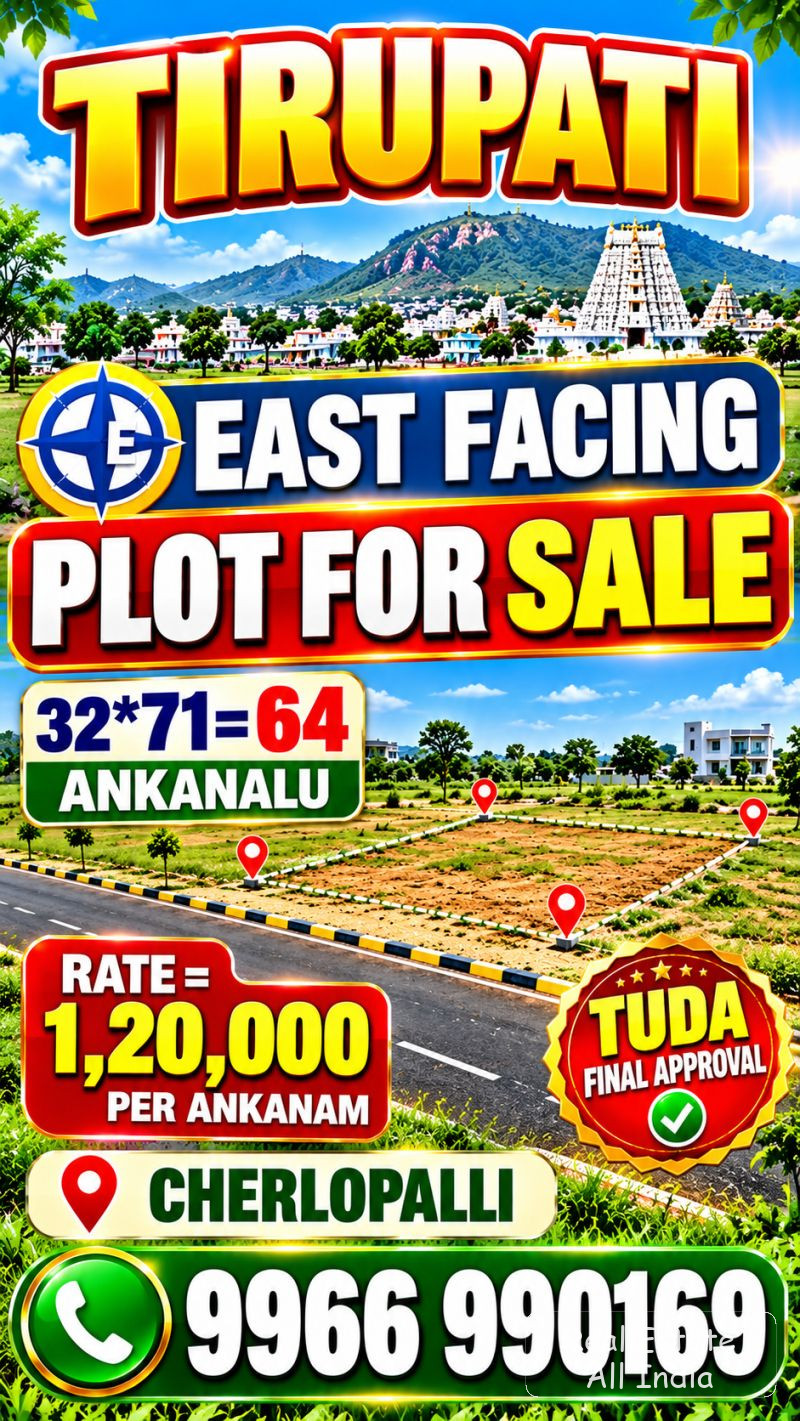 🏡 చెర్లోపల్లి – ప్లాట్ అమ్మకానికి 📍 ప్రాంతం: చెర్లోపల్లి 🧭 ఫేసింగ్: తూర్పు ముఖం 📐 ప్లాట్ కొలతలు: 32 × 71 అడుగులు 📏 మొత్తం విస్తీర్ణం: 64 అంకణాలు - PS0584