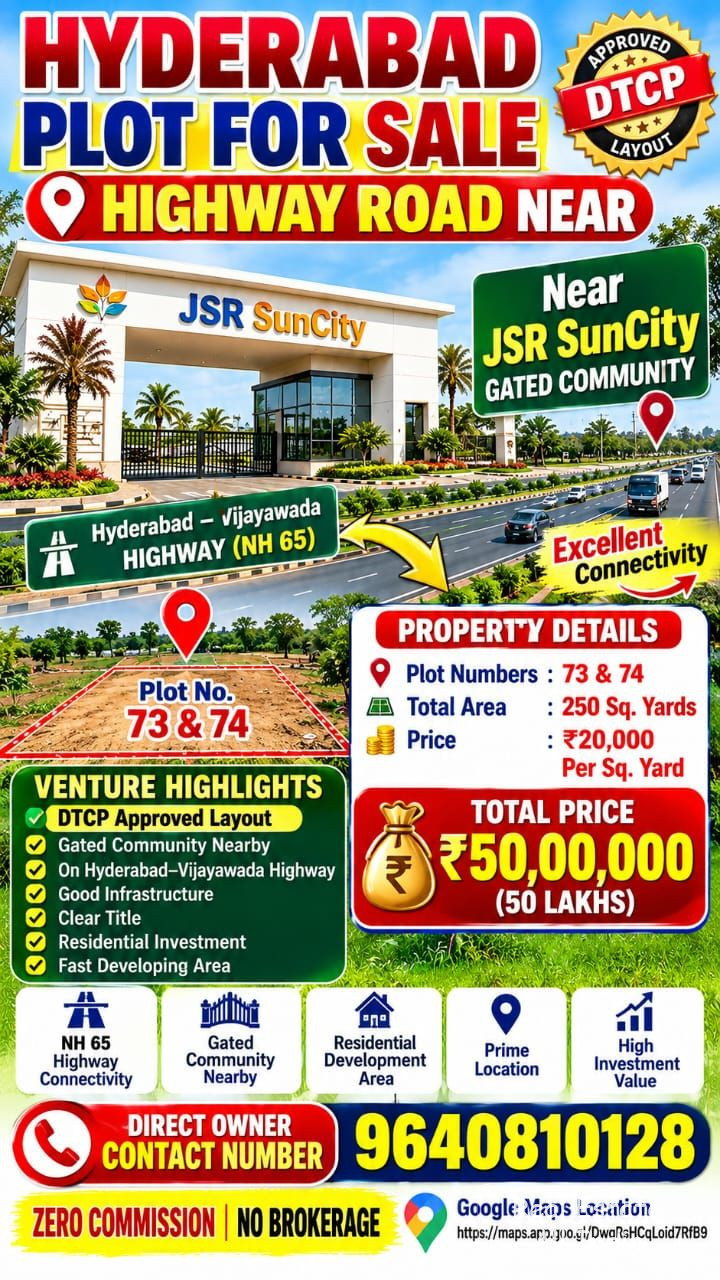 🏡 హైదరాబాద్ ప్లాట్ అమ్మకానికి 🏡  📍 ప్రధాన లొకేషన్: పెద్దకాపర్తి సమీపంలో, తెలంగాణ  🛣️ హైదరాబాద్ – విజయవాడ హైవే పక్కన 🏘️ JSR సన్‌సిటీ గేటెడ్ కమ్యూన - PS0602